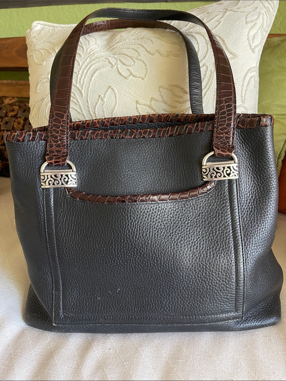 Brighton Black Leather Shoulder Bag with Dark Brown Trim